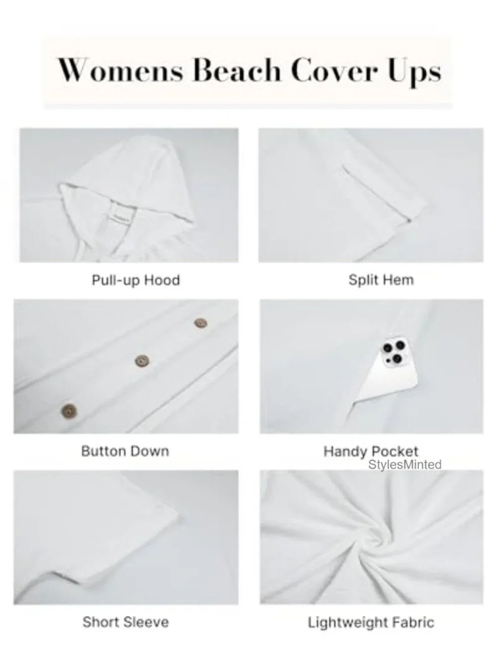 Women's Hooded Swim Cover Up Shirt Beach Dress Button Down Short Sleeve Pockets